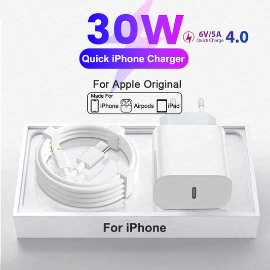 CARGADOR  RAPIDO ORIGINAL APPLE  DE  30 W PARA IPHONE 11,12,13,14,15,16 PRO MAX ,MINI XR,XS,X,8 PLUS / ENTRADA TIPO C