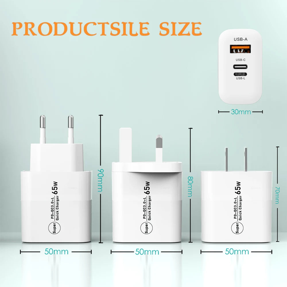 CARGADOR  USB DE ALTA POTENCIA  DE 65 W PARA IPHONE 12,13,14,15 PRO, HUAWEI ,XIAOMI Y SAMSUNG